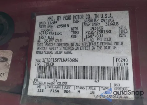 1990 Ford F150 from USA, damaged, VIN 1FTDF15Y7LNA48686